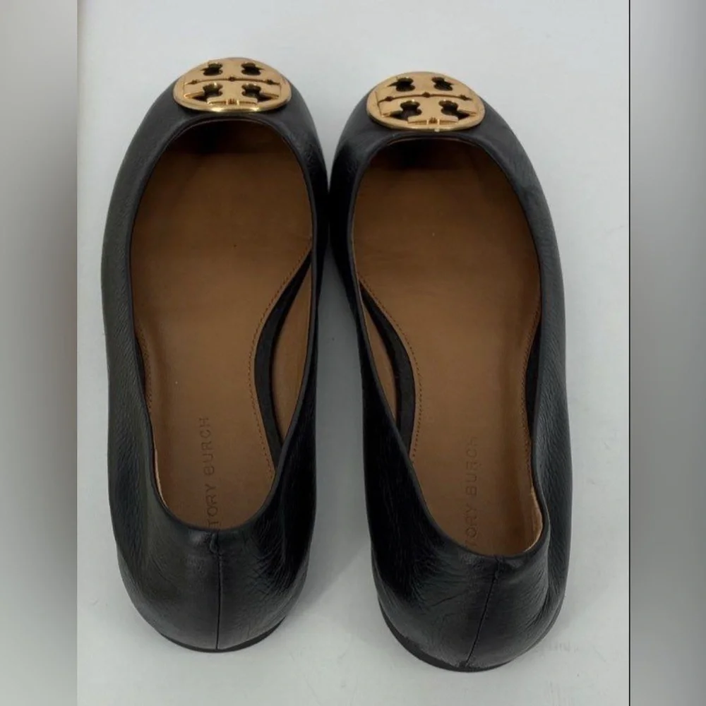 Tory Burch Benton Ballet Flats Shoes Black Nappa Leather Gold Tone Logo Size 6